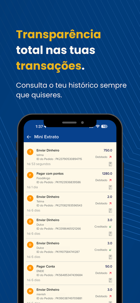 AkiPaga - AkiPaga app screen displaying a history of financial transactions including money transfers and bill payments