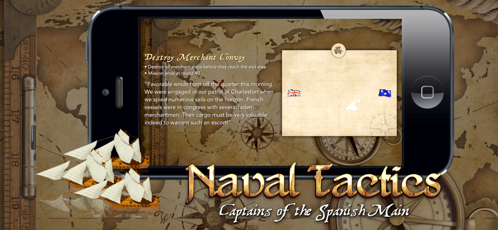 Naval Tactics - Mission briefing screen for Naval Tactics showing a merchant convoy destruction objective on a historical map background