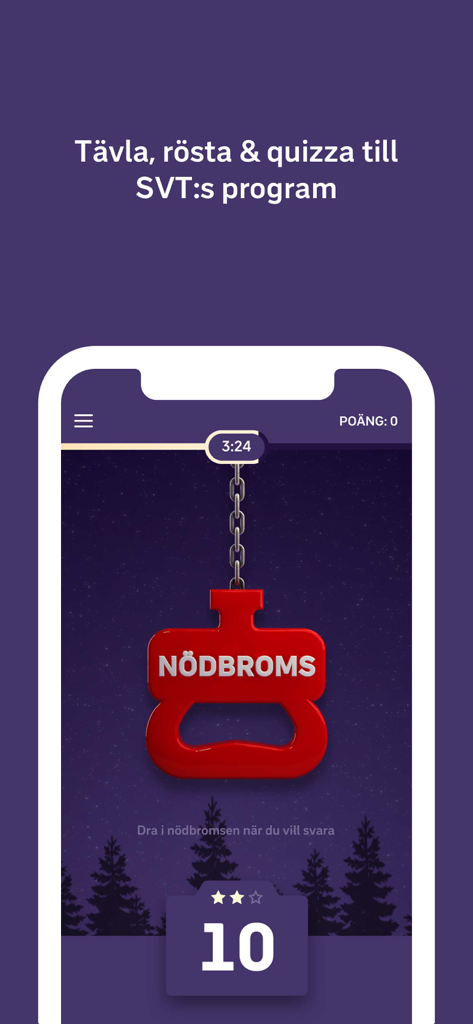 Aplicativo móvel SVT Duo apresentando um jogo de quiz interativo com uma alavanca de freio de emergência vermelha na tela