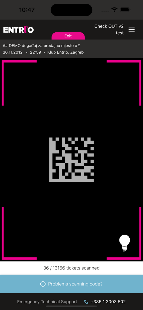 Entrio scan app interface with QR code scanner and ticket validation counter