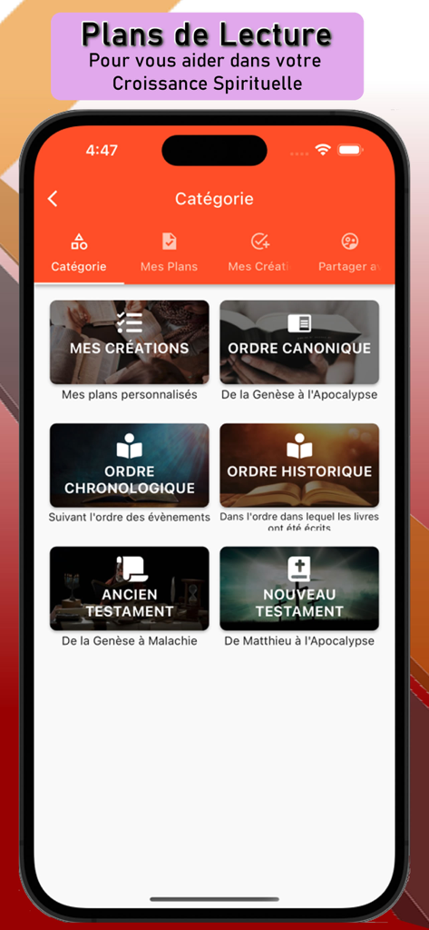 La Sainte Bible Multilangue - Interface of the La Sainte Bible Multilangue app showing different Bible reading plans and categories in French