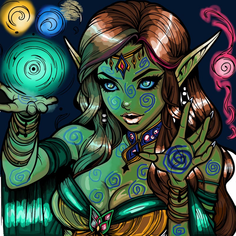 realistic scary beautiful elf sorceress casting spell