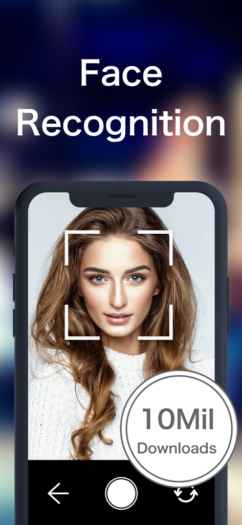 Look alike - Celebrity - Face recognition screen of the Look alike Celebrity app showing a woman portrait and a 10 million downloads badge