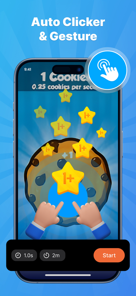 Auto Clicker app interface showing automated tapping on a cookie clicker game with custom interval settings