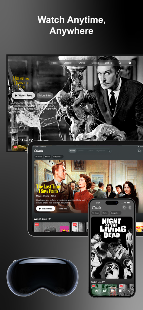 Classix app showing classic movies on iPhone iPad Apple TV and Vision Pro
