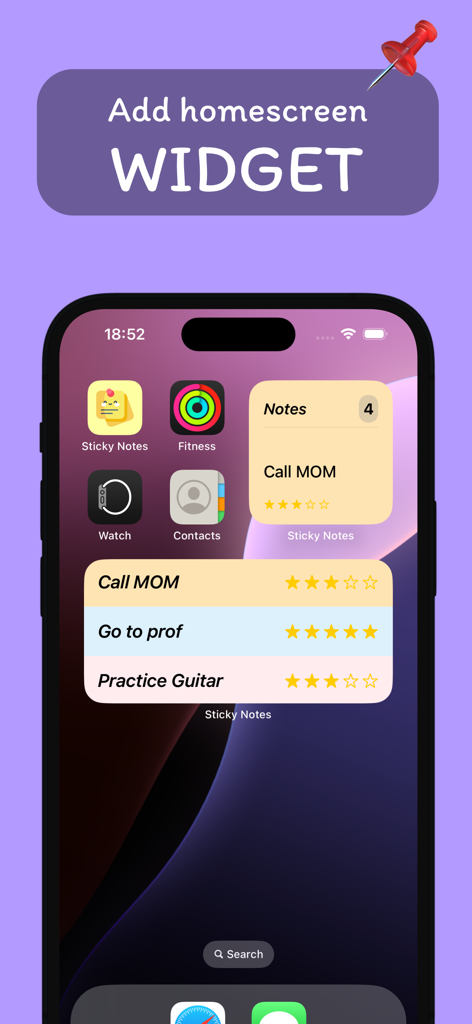 Sticky Notes Widget++ - Pantalla de inicio de iPhone que muestra coloridos widgets de notas adhesivas para gestión de tareas y recordatorios, incluyendo una lista de tareas pendientes