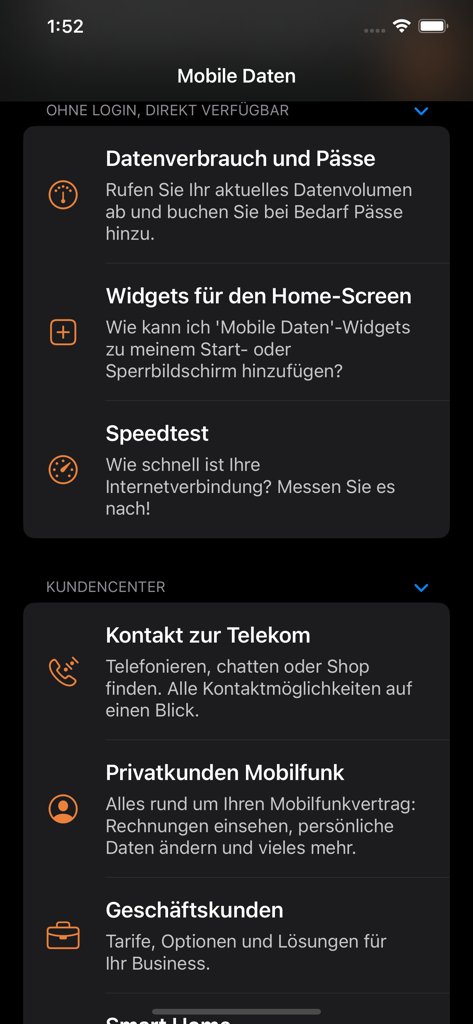 Main menu of Mobile Daten Widget app with service links and settings