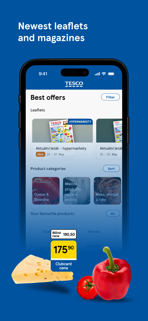 Interface do aplicativo Tesco Clubcard mostrando folhetos de compras digitais e ofertas especiais de mercearia