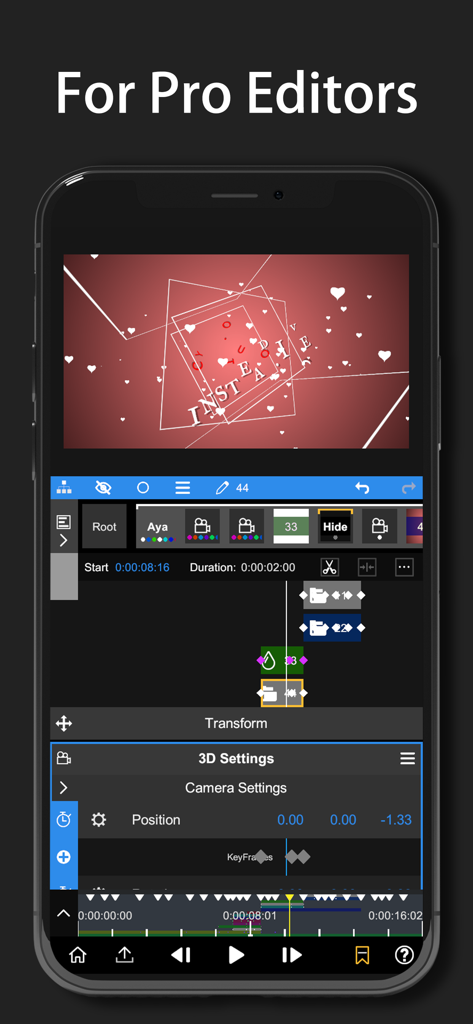 Node Video - A professional video editing interface on a smartphone screen showing 3D camera settings and keyframe animation for creators.
