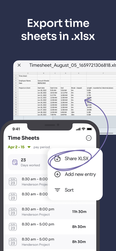Time Squared: Hours Tracker - Mobile app interface showing options to export work timesheets in XLSX format for Excel.