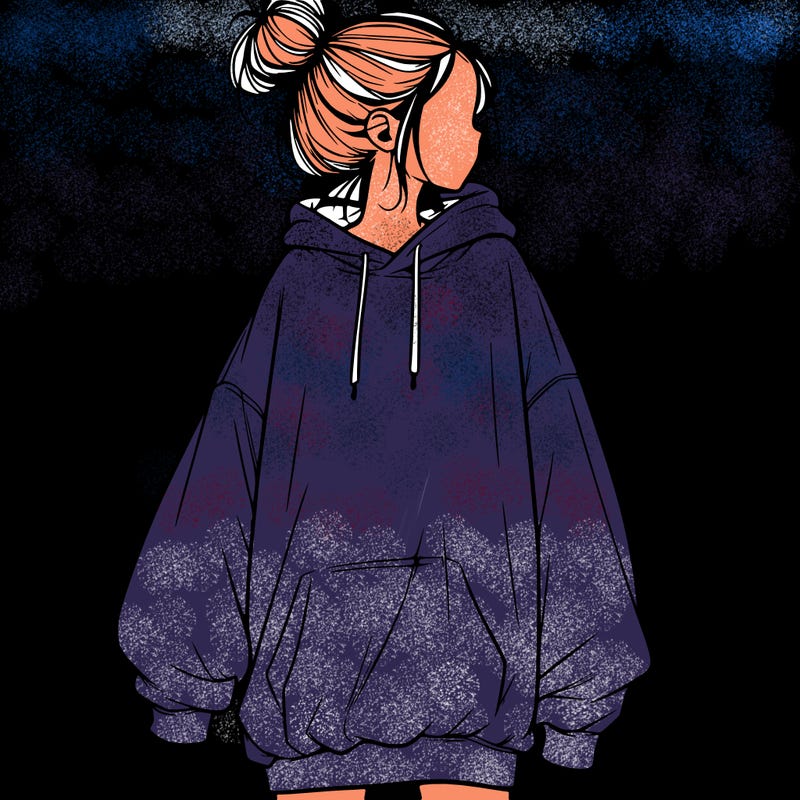 realistic girl with a oversized sweatshirt on and a bun