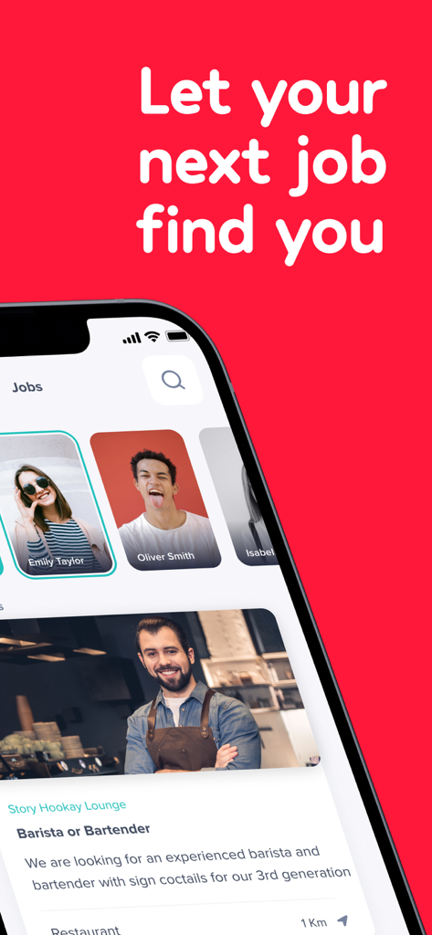 Interface mobile de l'application Bonded montrant des offres d'emploi locales pour un poste de barista et des profils de candidats.