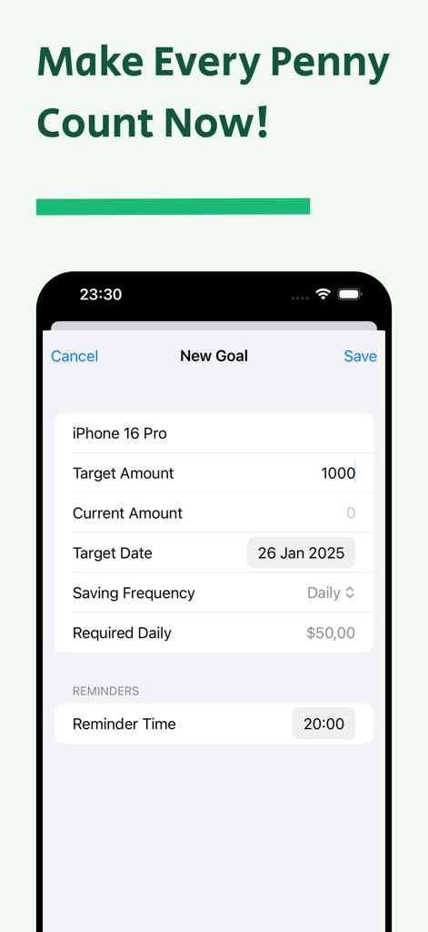 MoneyBox - Smart Savings - User interface for creating a specific savings goal for an iPhone 16 Pro in the MoneyBox app.