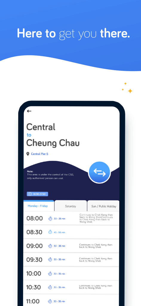 HK Ferry App - HK Ferry Appのインターフェース、セントラルから Cheung Chauへのフェリー時刻表を表示