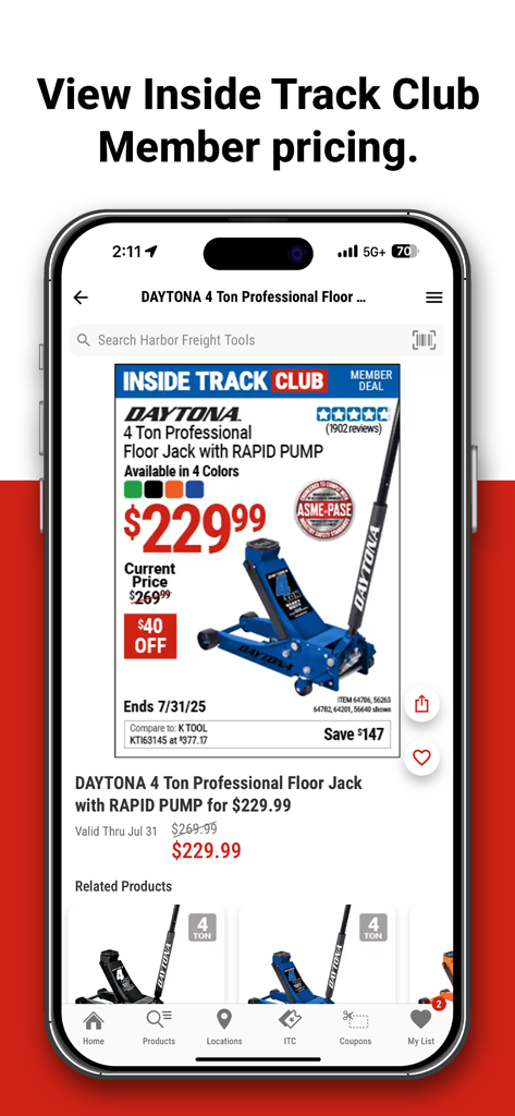 Bildschirm der Harbor Freight App, der exklusive Preise für Inside Track Club-Mitglieder für einen professionellen Wagenheber anzeigt