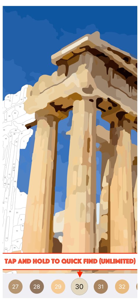 Oil Painting - Color By Number - Digital oil painting of an ancient Greek temple in a color by number app with a quick find feature.