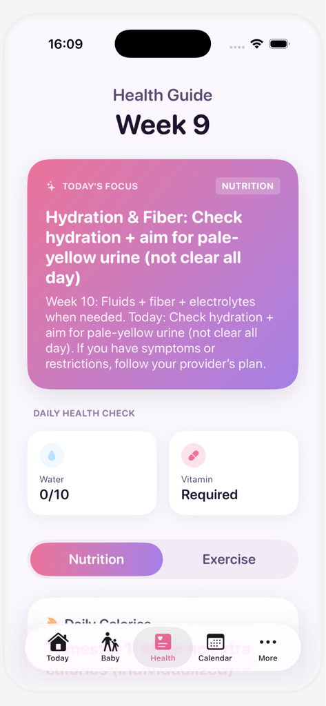 Mom Plus Pregnancy Tracker - Health Guide screen of the Mom Plus Pregnancy Tracker app showing nutrition tips and daily health tracking for week 9.