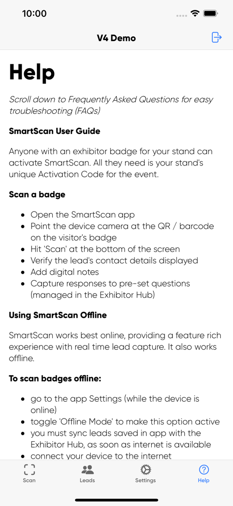 SmartScan app help screen displaying user guide and offline badge scanning instructions.