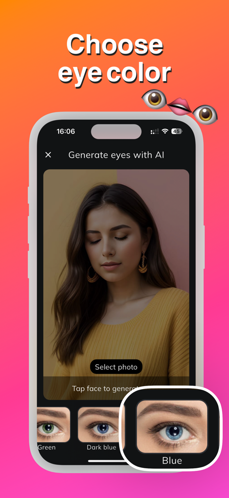 Una pantalla de smartphone que muestra la interfaz de la aplicación Open Eyes con opciones para cambiar el color de ojos a azul usando IA.