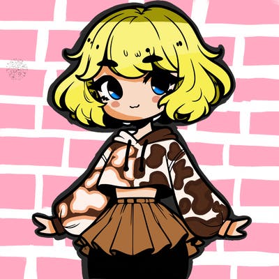 cute femboy with short, fluffy hair that softly frames their face, wearing a cropped hoodie, paired with a flouncy short skirt, and thigh-high stockings