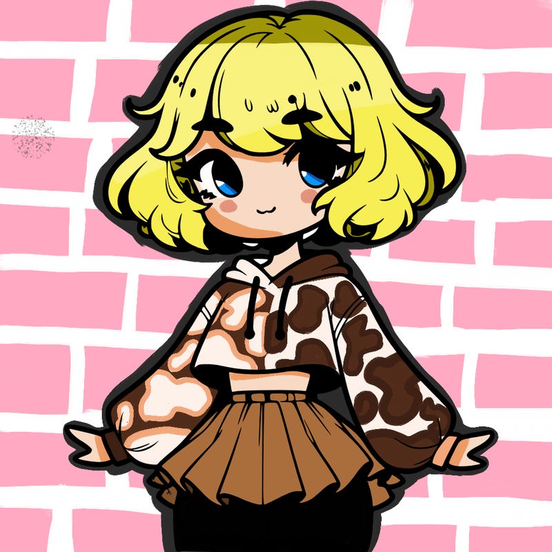 cute femboy with short, fluffy hair that softly frames their face, wearing a cropped hoodie, paired with a flouncy short skirt, and thigh-high stockings