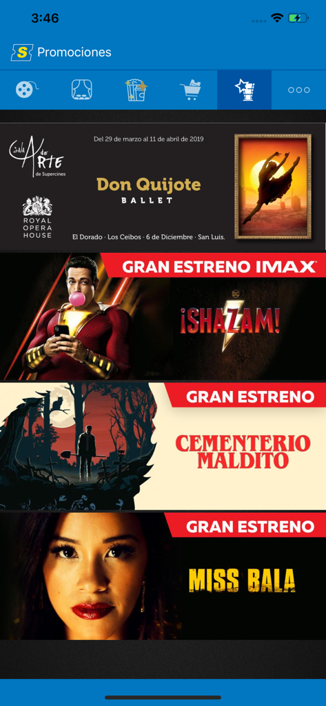 Supercines - Supercines mobile app promotions section showing movie posters for Shazam and Cementerio Maldito