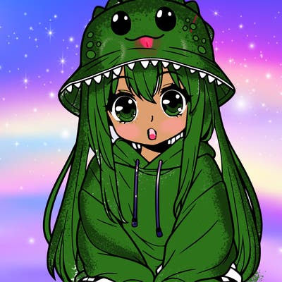 girl with anime shaped eyes with a dinosaur bucket hat oversized sweatshirt long straight hair