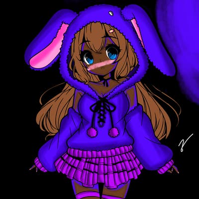 pretty anime girl wearing a fluffy hoodie with bunny ears on the hood and a skirt