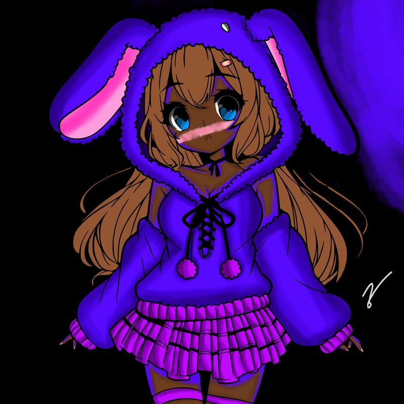 pretty anime girl wearing a fluffy hoodie with bunny ears on the hood and a skirt