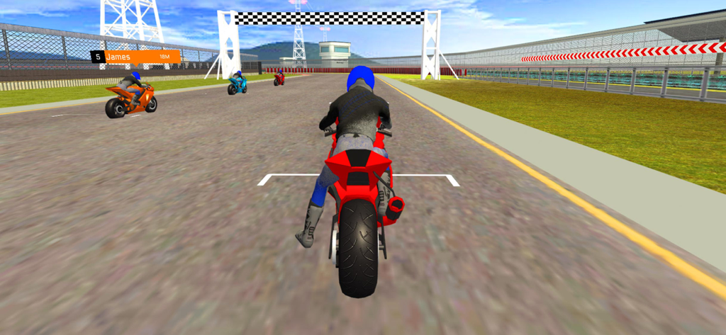 A red motorcycle racing against other bikers on a track with a checkered finish line banner in the background.
