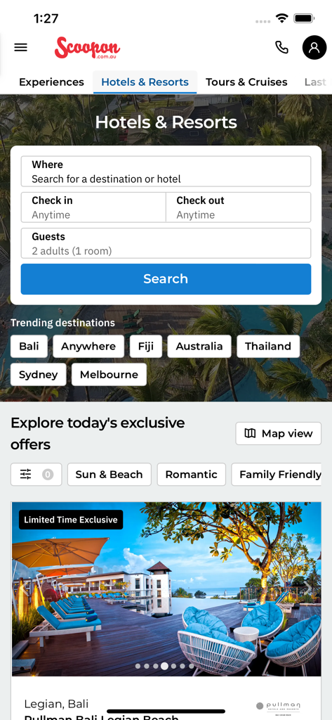 Scoopon app interface for searching luxury hotel and resort deals with trending destinations
