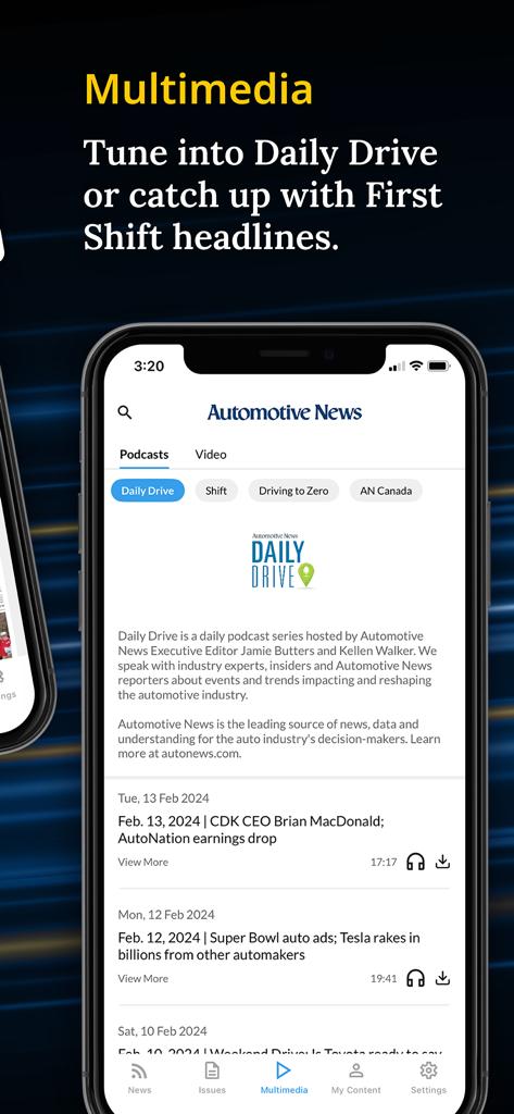 The Multimedia section of the Automotive News app featuring automotive industry podcasts like Daily Drive and First Shift.