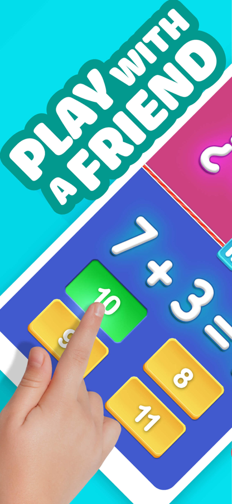 태블릿에서 2인용 수학 게임으로 덧셈 문제를 풀고 있는 아이