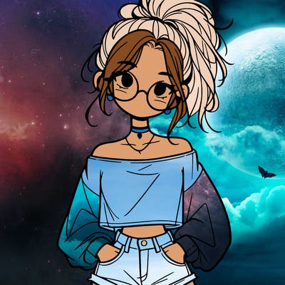 girl with a messy ponytail glasses a baggy crop top and jean shorts