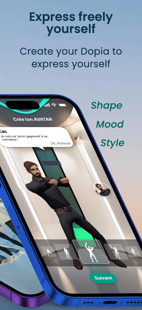 Datopia Dating App Play & Date - Un smartphone mostrando la pantalla de creación de avatares en la app de citas Datopia con opciones de forma, estado de ánimo y estilo.