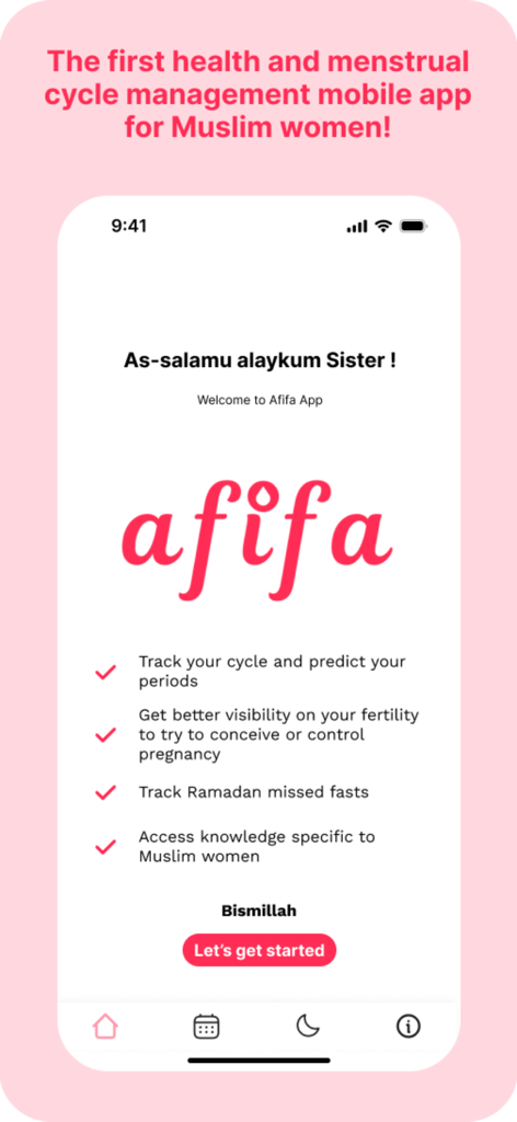 Afifa App: Muslim Women Health - Pantalla de bienvenida de la aplicación Afifa destacando el seguimiento del período y la gestión de ayunos perdidos de Ramadán para mujeres musulmanas