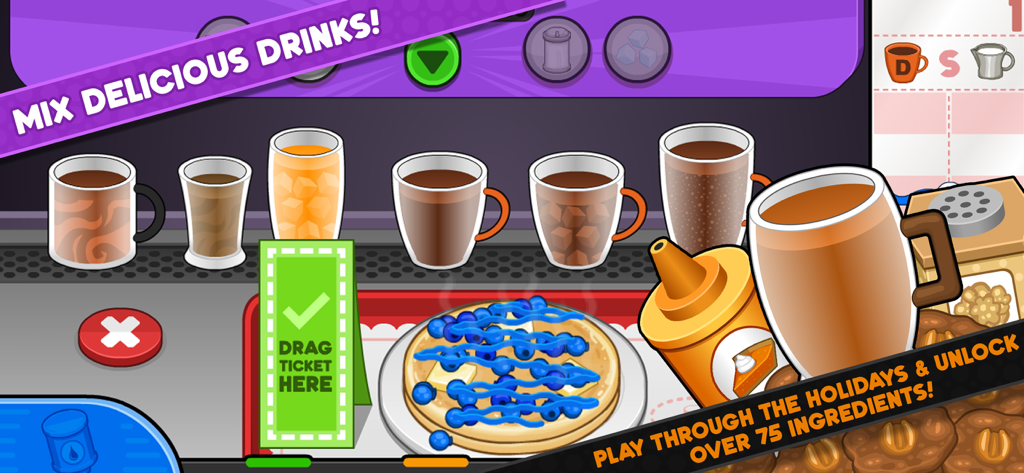 Papa's Pancakeria To Go! - Papa's Pancakeria To Goのゲームプレイ画面。ドリンクミキシングステーションとパンケーキの提供の様子。