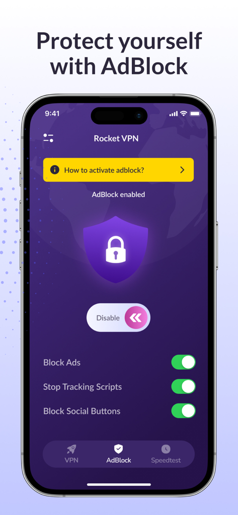 iPhone screen displaying Rocket VPN AdBlock feature with toggles for blocking ads and tracking scripts