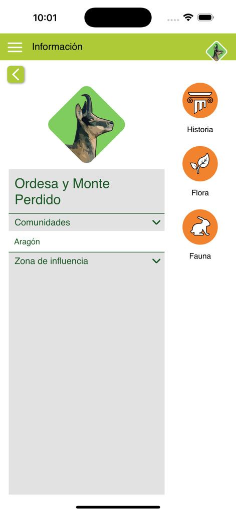Ordesa and Monte Perdido National Park information screen with icons for history flora and fauna
