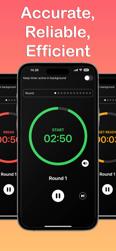 Boxing Timer - Round App - Interfaz de la aplicación Boxing Timer mostrando temporizadores de asaltos y descansos en modo oscuro.