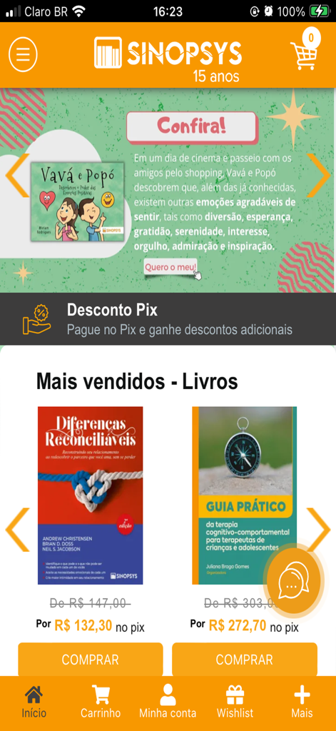 Écran d'accueil de l'application Sinopsys Editora présentant divers livres de psychologie et ressources thérapeutiques