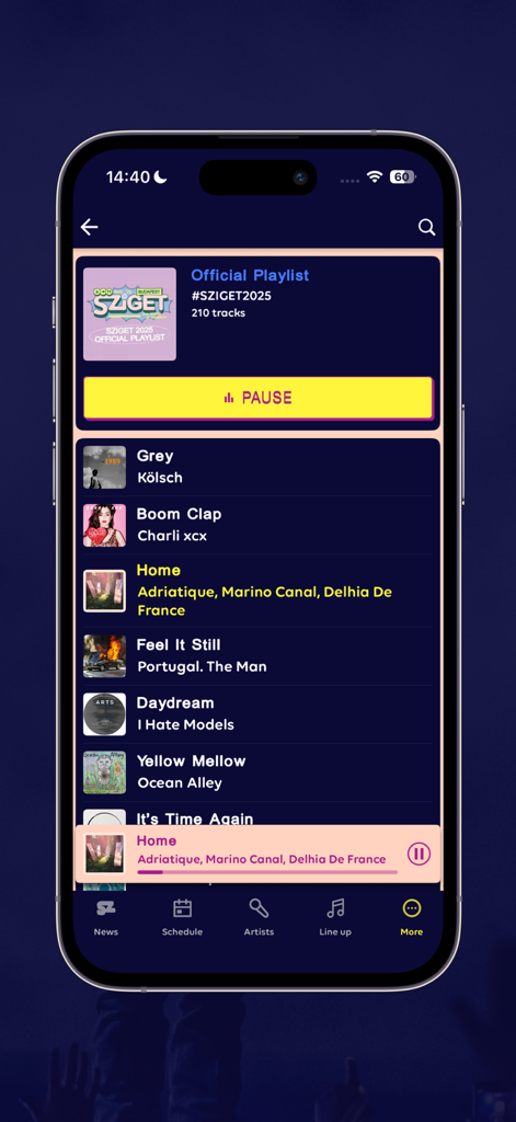 Official playlist screen of the Sziget Festival app featuring a list of songs from the artist lineup