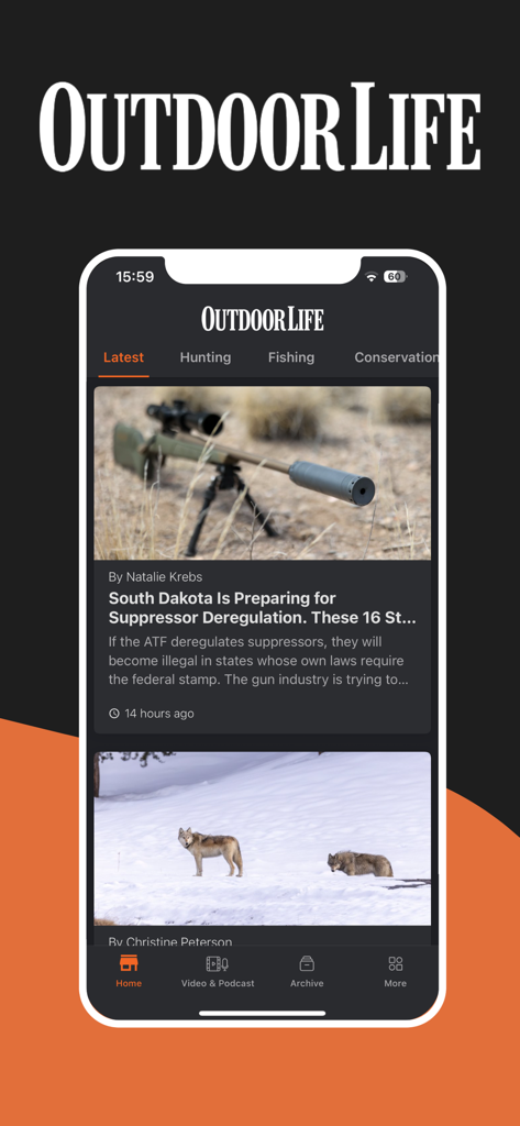 Outdoor Life - Outdoor Life app interface displaying a feed of hunting and conservation news articles.