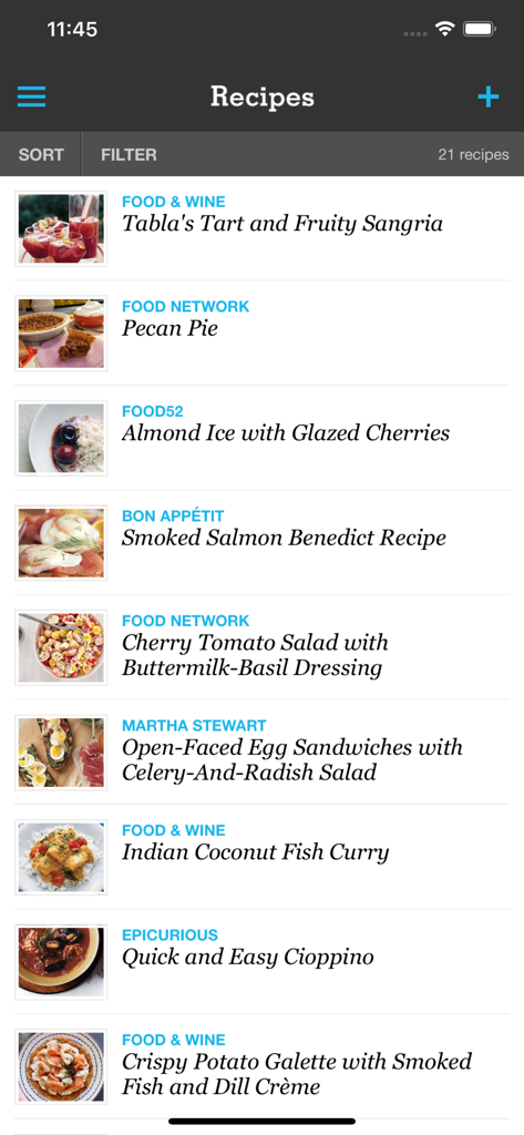 Screenshot of the Pepperplate app recipes section displaying a list of saved recipes with images and source titles