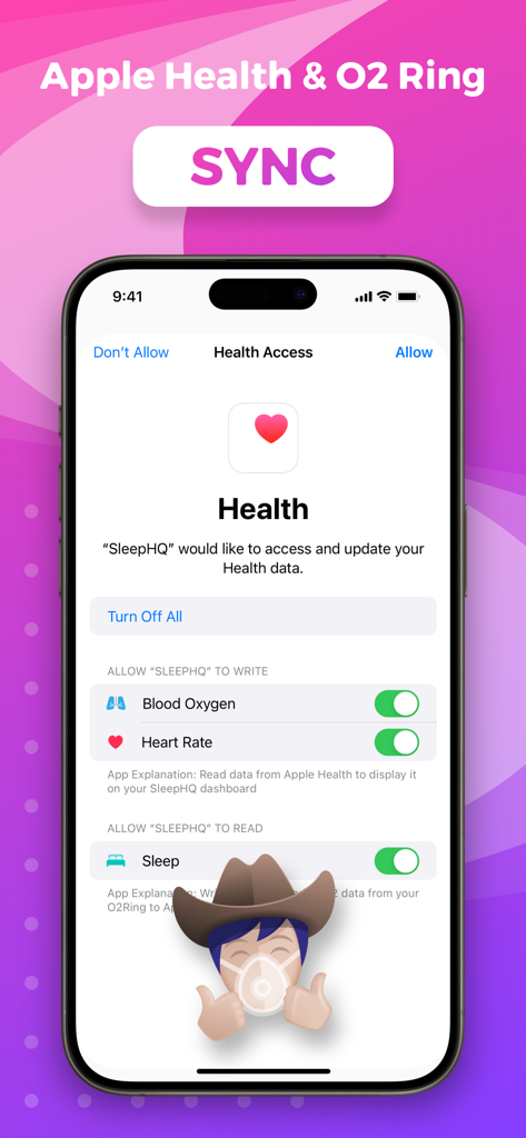 SleepHQ - SleepHQ app screen showing Apple Health access permissions for syncing blood oxygen heart rate and sleep data
