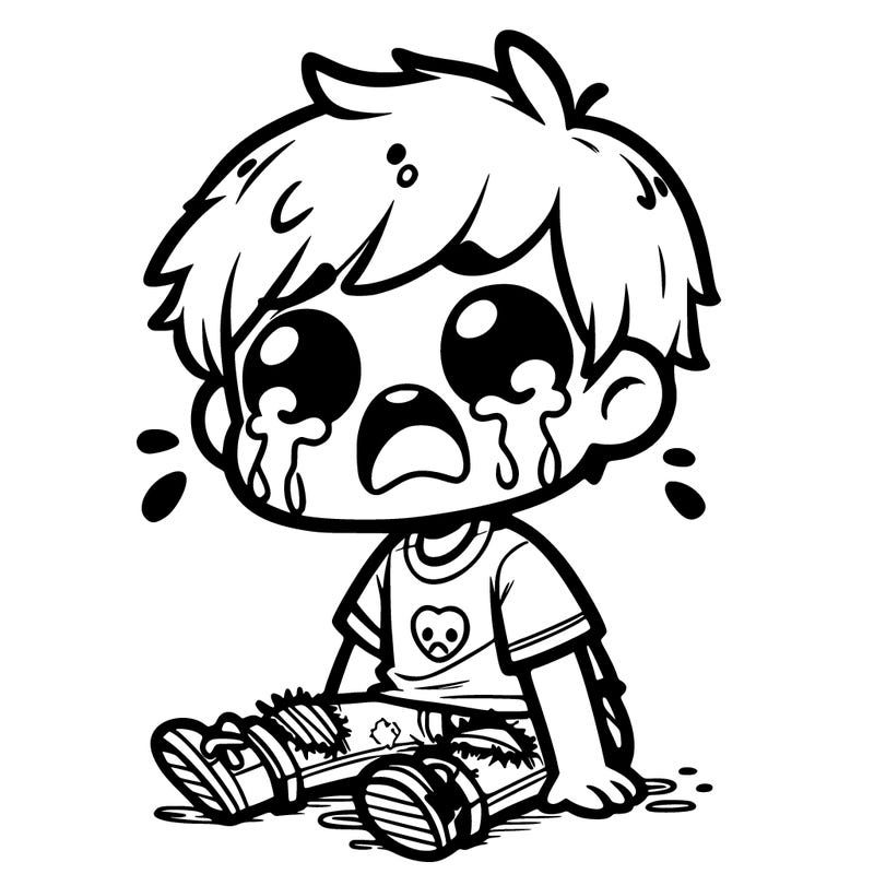 a cute boy with ripped pants and a t-shirt that is crying