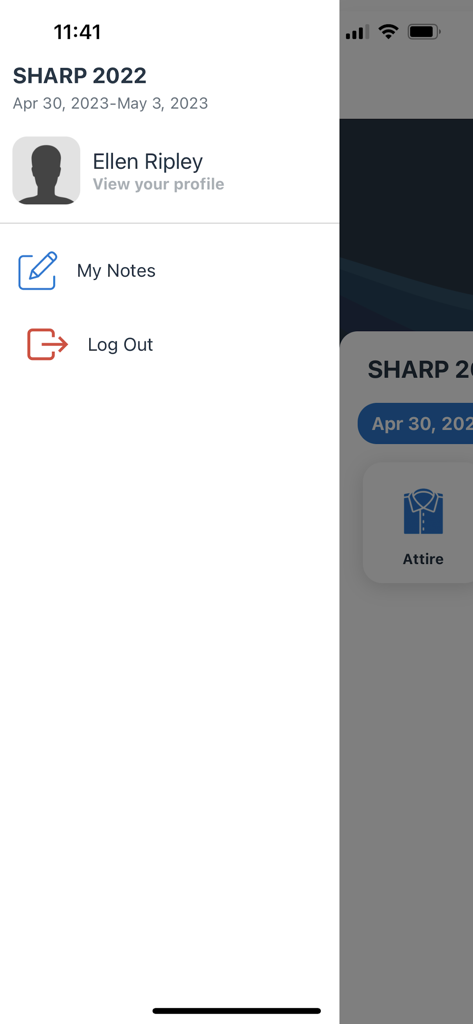 HUB SHARP - HUB SHARPイベントアプリのユーザープロフィールのサイドバー。メモやログアウトオプションが表示される。
