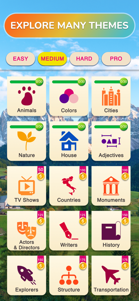 Word Search Journey - Puzzle - Theme selection screen in Word Search Journey showing categories like Animals and Cities with difficulty levels from Easy to Pro.