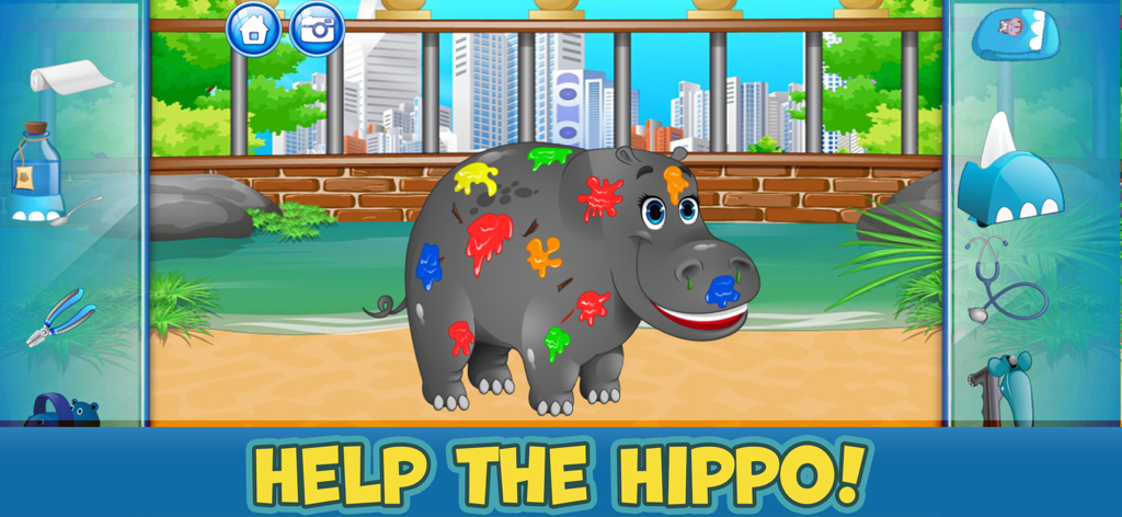 Zoo Animal Care Adventure Game - A cartoon hippo covered in colorful paint splats in the Zoo Animal Care Adventure game