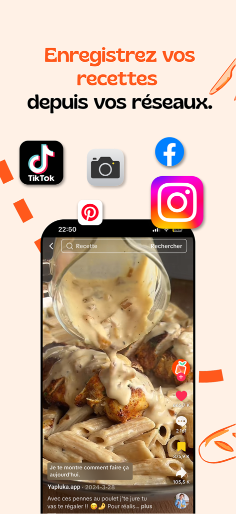 Yapluka - Recettes & Planning - Pantalla de aplicación móvil que muestra cómo guardar recetas de plataformas de redes sociales como TikTok e Instagram